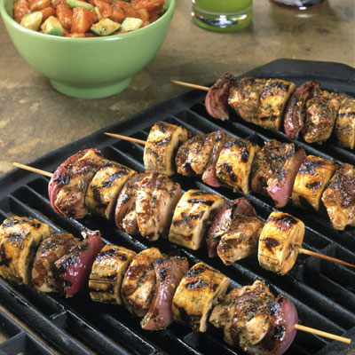 Jerked Chicken and Plantain Kebabs with Papaya Avocado Salsa Jerked Chicken and Plantain Kebabs with Papaya Avocado Salsa