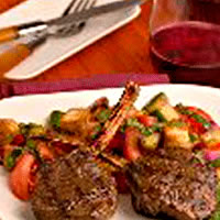 Mesquite Smoked American Lamb Chops with Garden Tomato, Rustic Panzanella Bread, and Basil Leaf Salad: Main Image