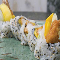 Mexican Coconut Shrimp Maki Roll with Mango, Cucumber, and Spicy Coconut Vinaigrette: Main Image