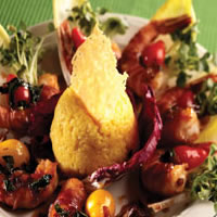 Pancetta Wrapped Prawns with Saffron Risotto Timbale: Main Image